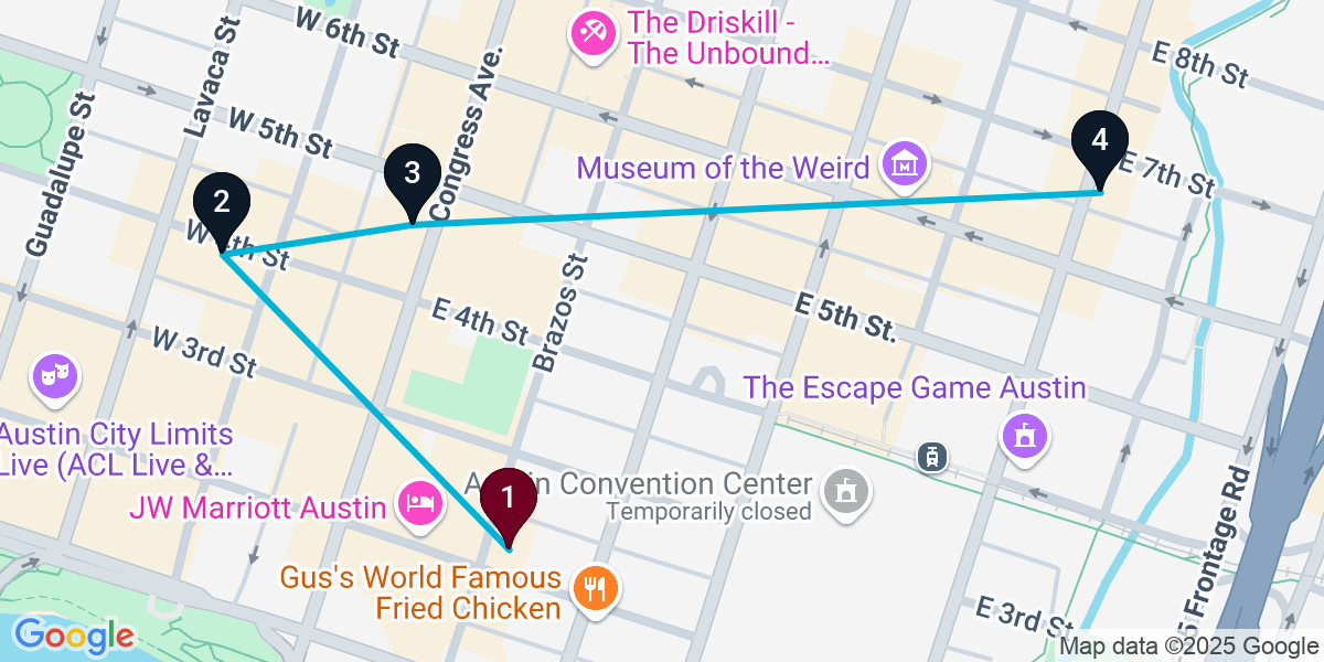 Map for 4-Stop Austin Nightclub Bar Crawl