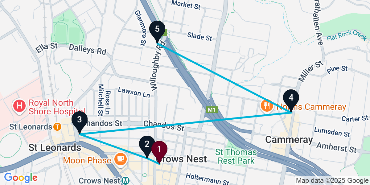 Map for 5-Stop Crows Nest Wine bar Bar Crawl