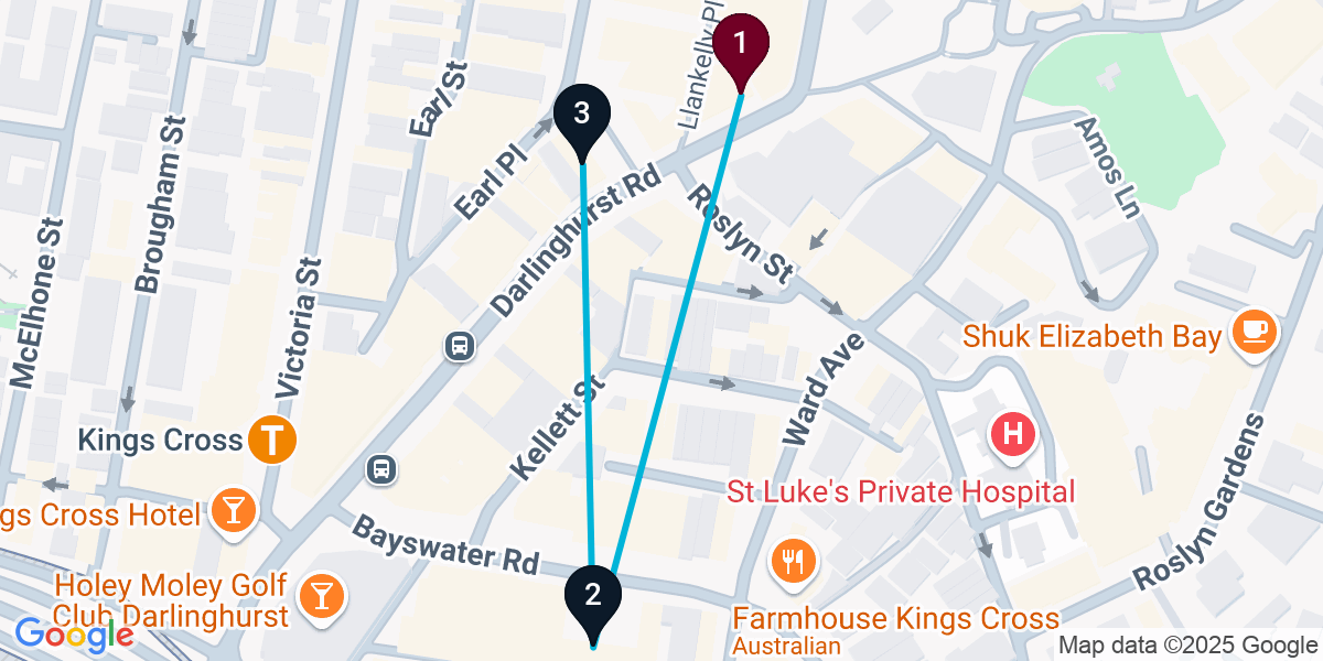 Map for 3-Stop Potts Point Rooftop Bar Crawl
