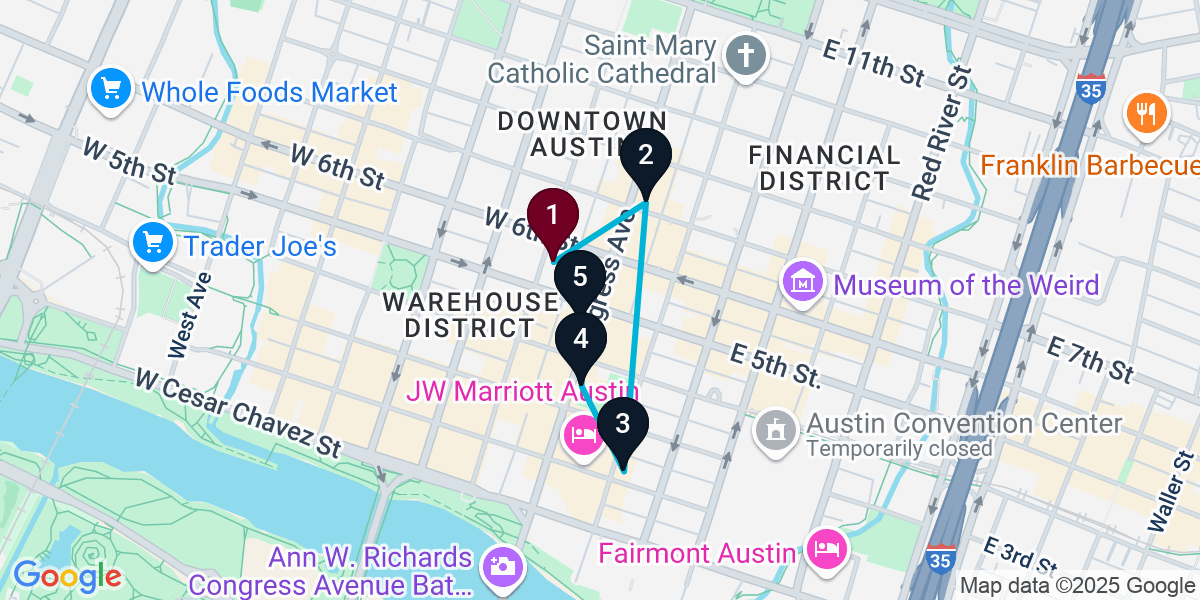 Map for 5-Stop Austin Bar Crawl