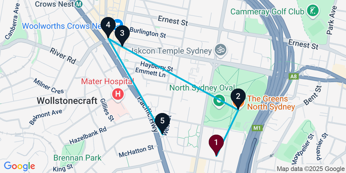 Map for 5-Stop North Sydney Pub Bar Crawl