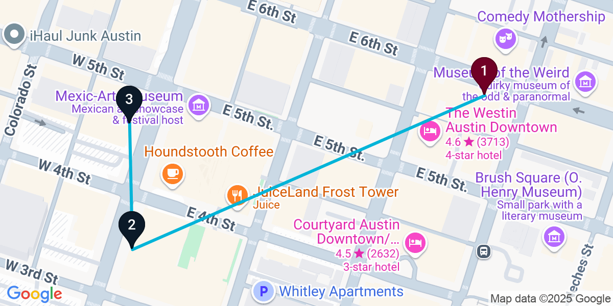 Map for 3-Stop Austin Bar Crawl