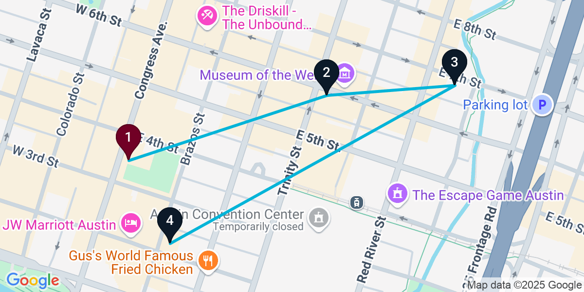 Map for 4-Stop Austin Bar Crawl