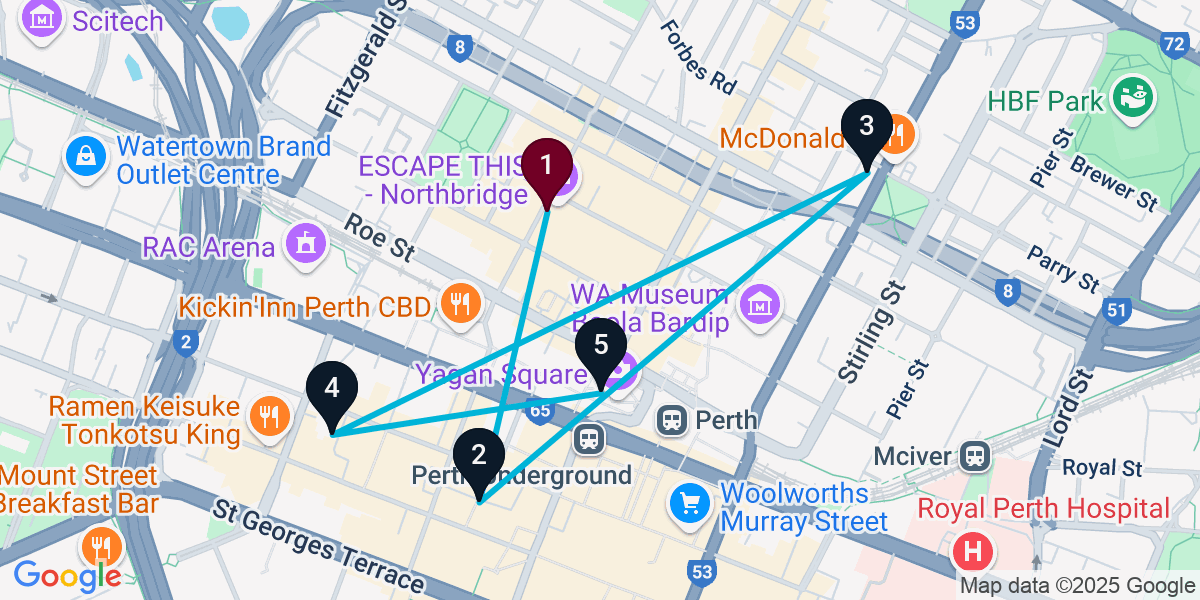 Map for 5-Stop Northbridge Bar Crawl