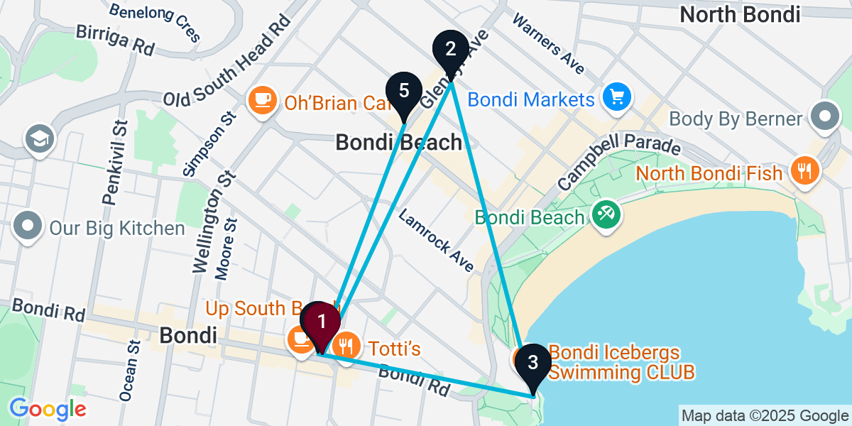 Map for 5-Stop Bondi Cocktail Bar Crawl