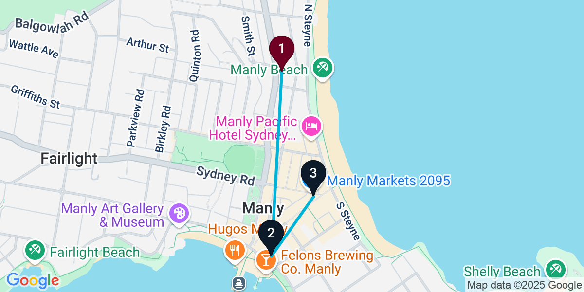 Map for 3-Stop Manly Pub Bar Crawl