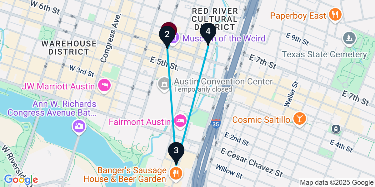 Map for 4-Stop Austin Bar Crawl