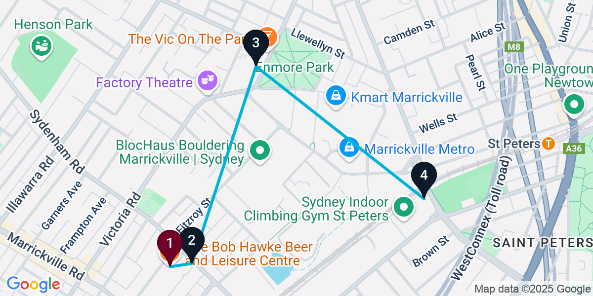 Map for 4-Stop Marrickville Brewery Bar Crawl