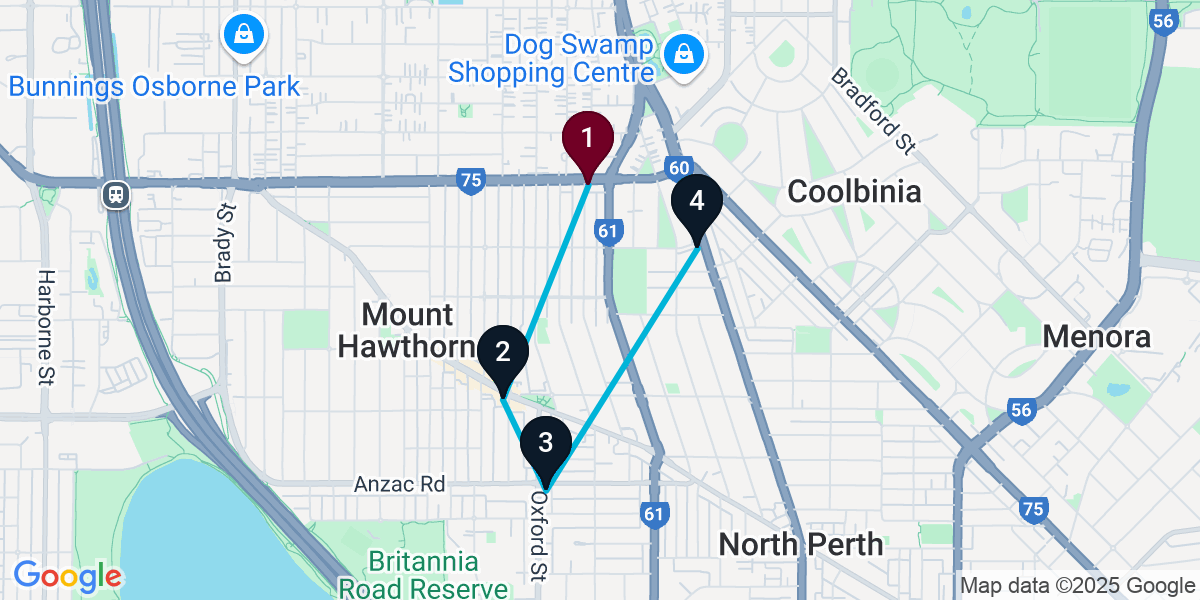 Map for 4-Stop Mount Hawthorn Pub Bar Crawl