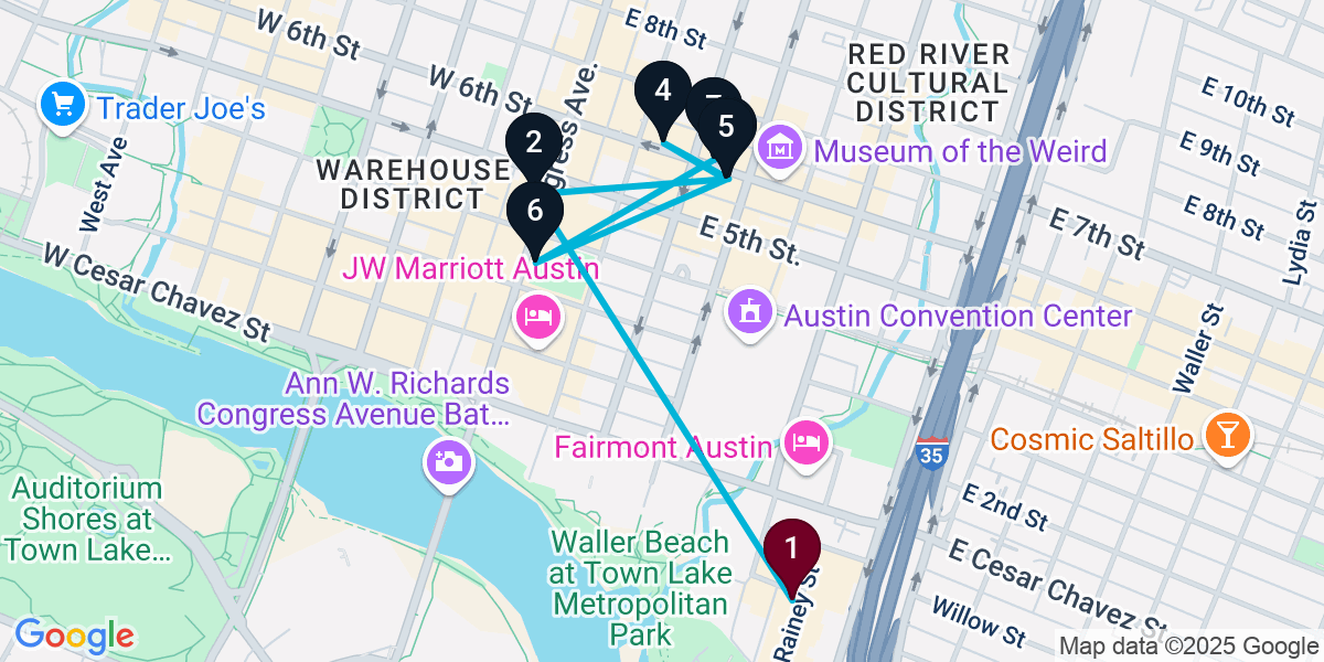 Map for 7-Stop Austin Live music Bar Crawl
