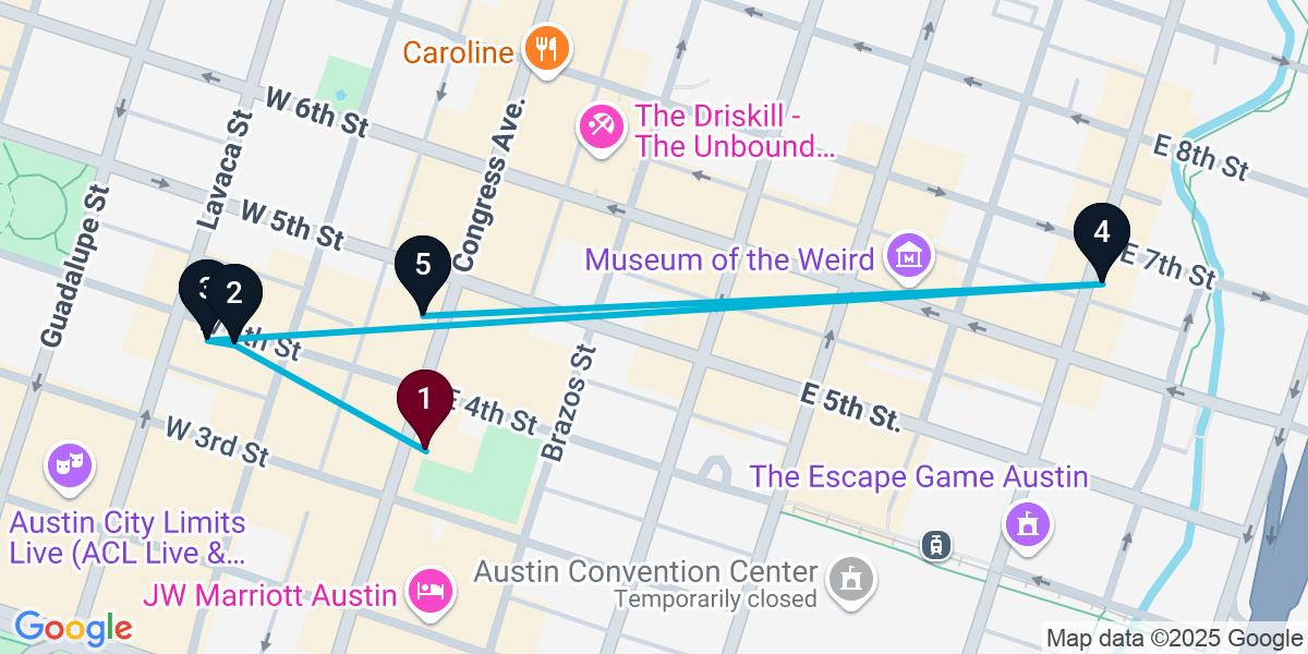 Map for 5-Stop Austin Nightclub Bar Crawl