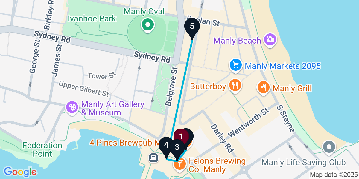 Map for 5-Stop Manly Bar Crawl