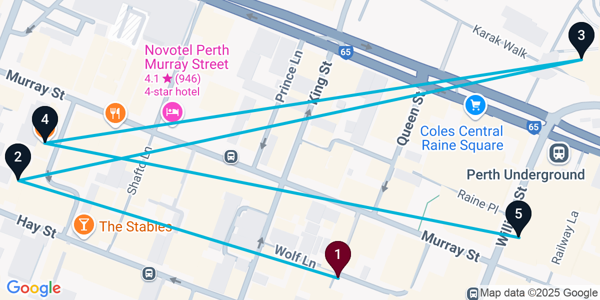 Map for 5-Stop Perth Bar Crawl
