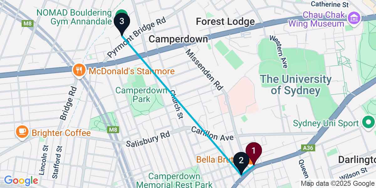 Map for 3-Stop Newtown Rooftop Bar Crawl