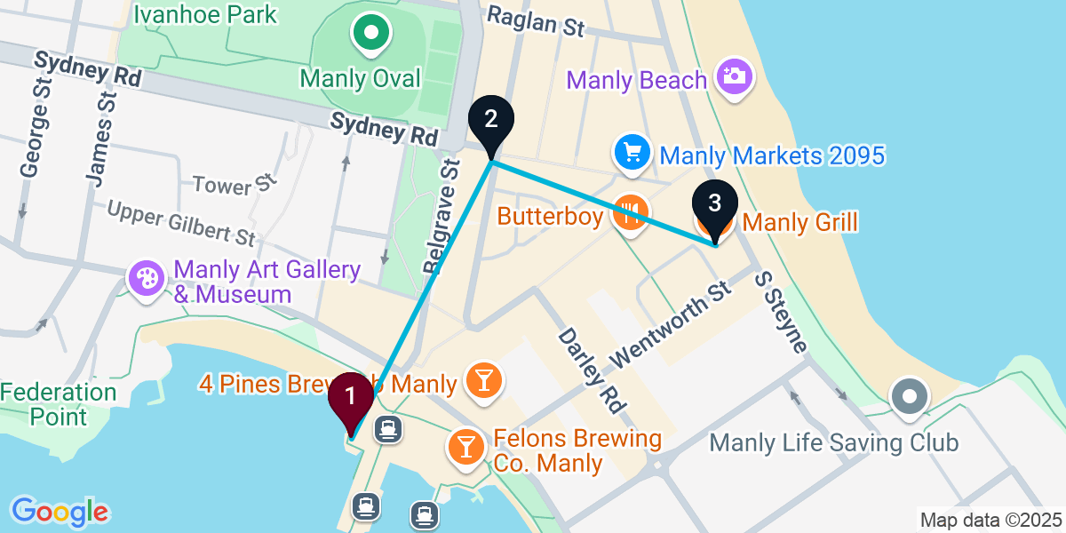 Map for 3-Stop Manly Sports bar Bar Crawl