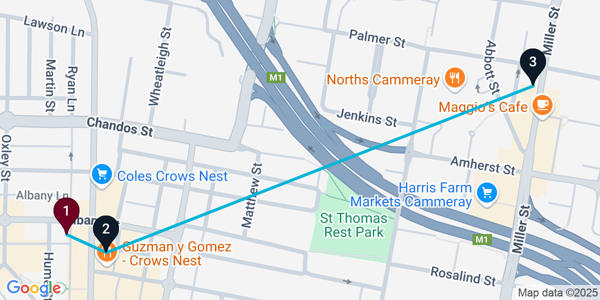 Map for 3-Stop Crows Nest Wine bar Bar Crawl