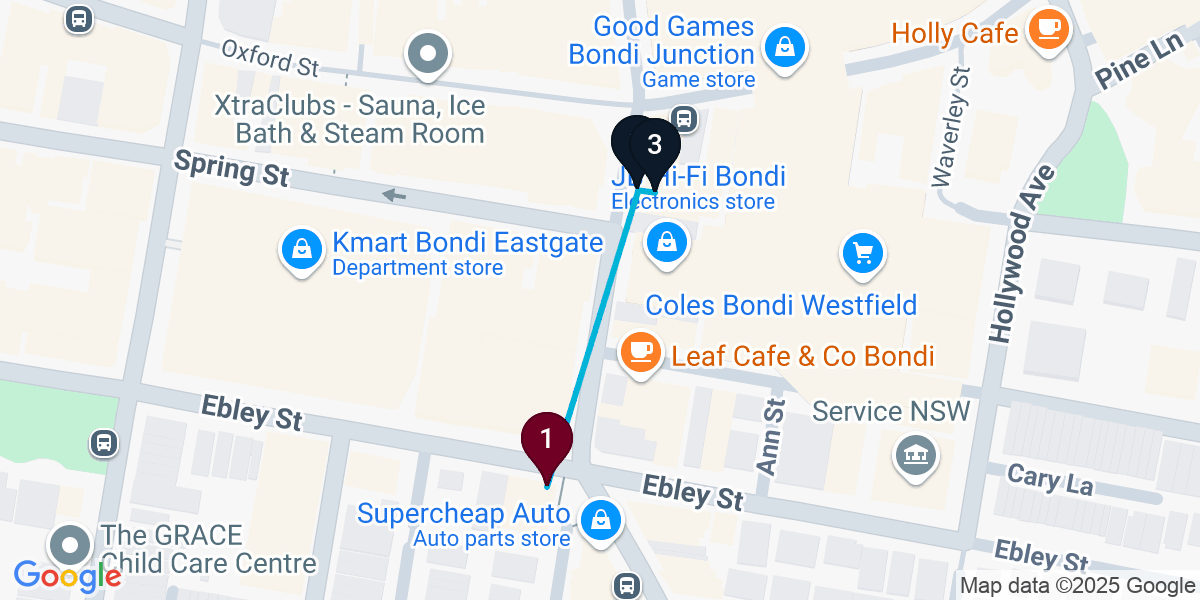 Map for 3-Stop Bondi Junction Bar Crawl