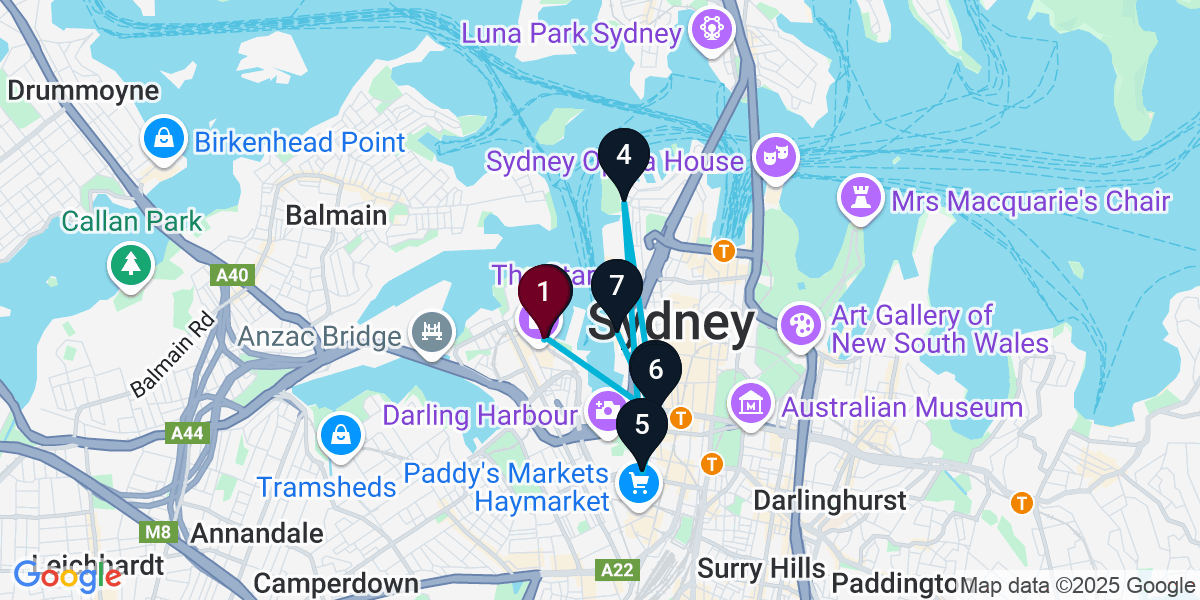 Map for 7-Stop Pyrmont Nightclub Bar Crawl