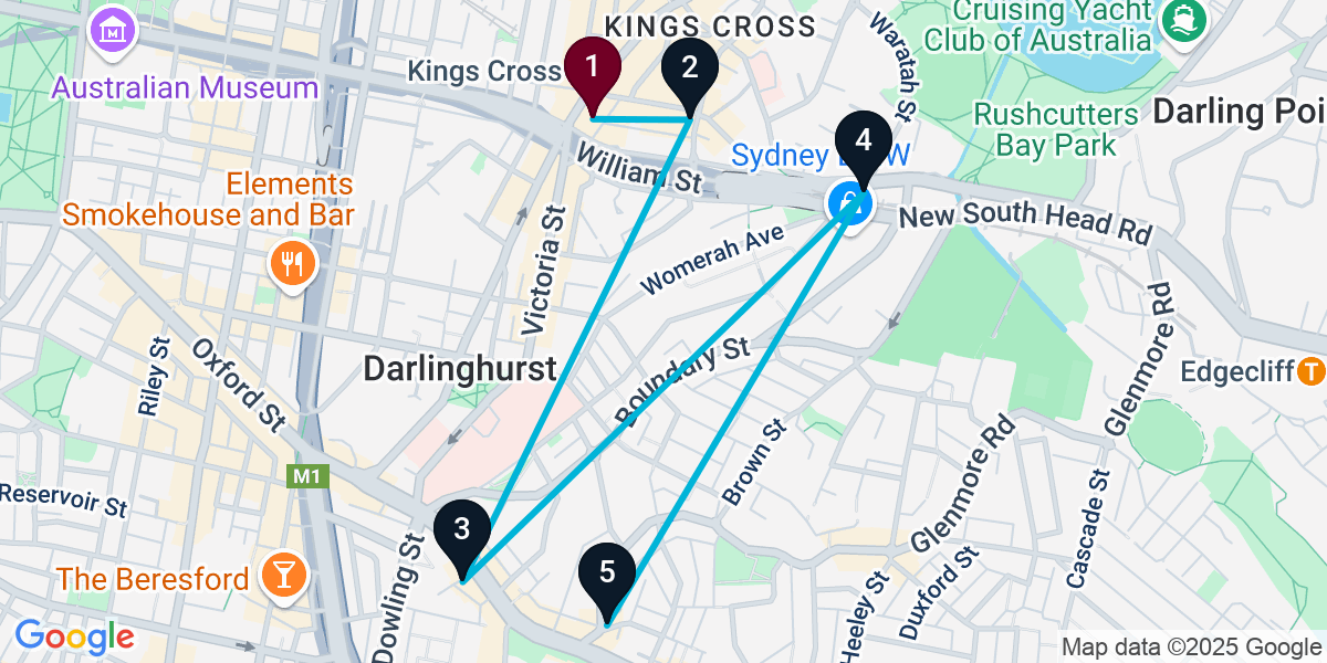 Map for 5-Stop Potts Point Wine bar Bar Crawl
