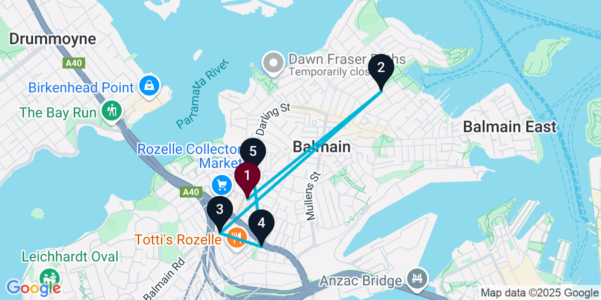 Map for 5-Stop Rozelle Cocktail Bar Crawl