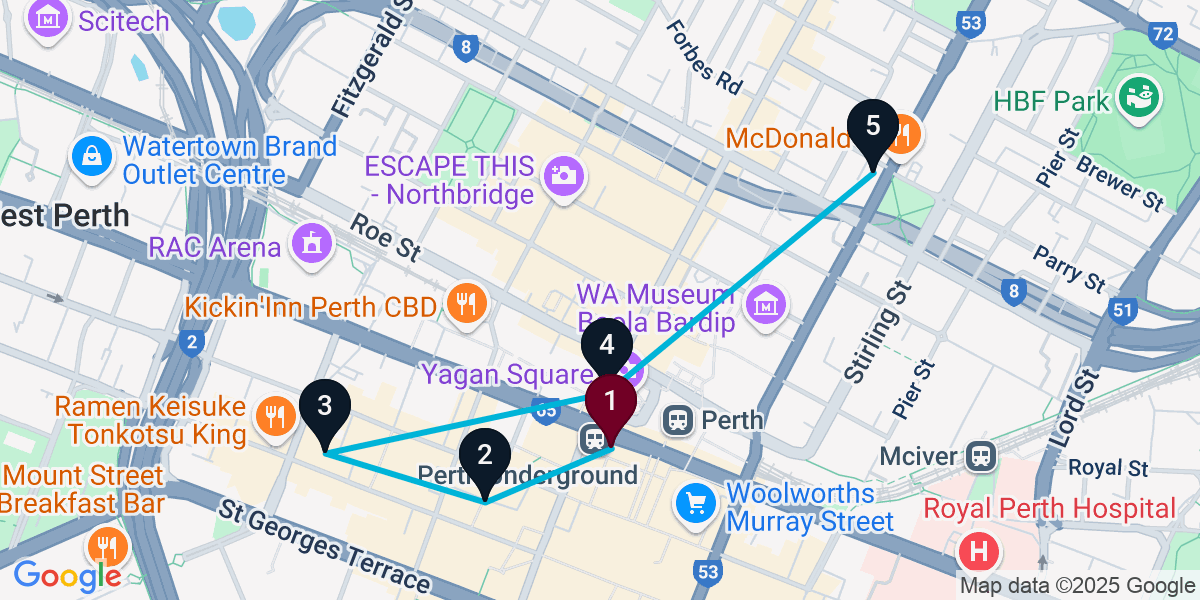 Map for 5-Stop Perth Bar Crawl