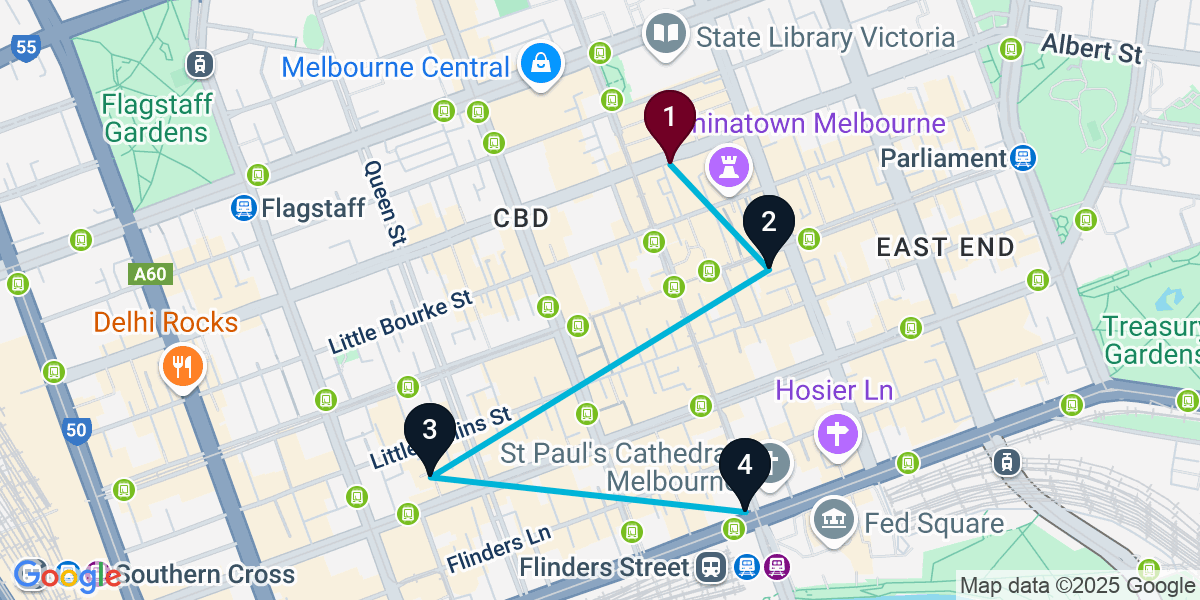 Map for 4-Stop Melbourne Pub Crawl