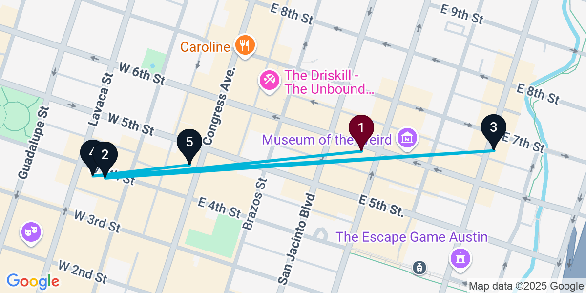 Map for 5-Stop Austin Nightclub Bar Crawl
