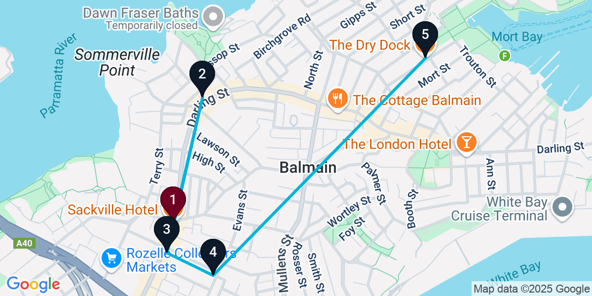 Map for 5-Stop Rozelle Bar Crawl