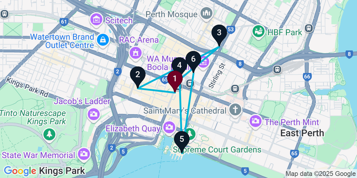 Map for 6-Stop Perth Bar Crawl