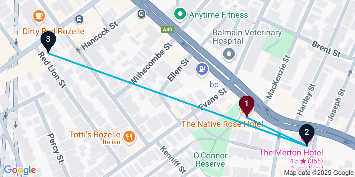 Map for 3-Stop Rozelle Pub Bar Crawl
