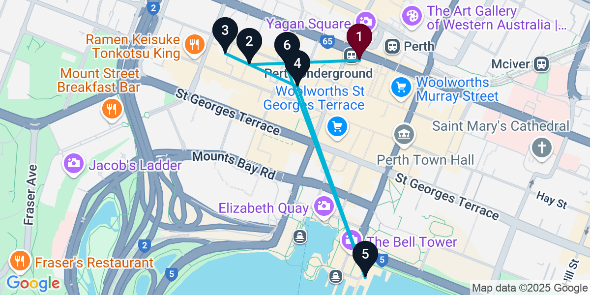 Map for 6-Stop Perth Pub Bar Crawl