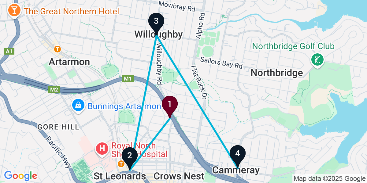 Map for 4-Stop Naremburn Pub Bar Crawl