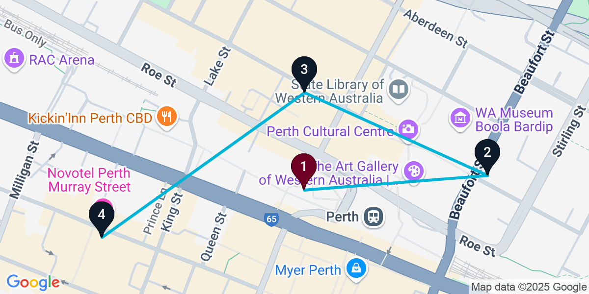Map for 4-Stop Perth Nightclub Bar Crawl