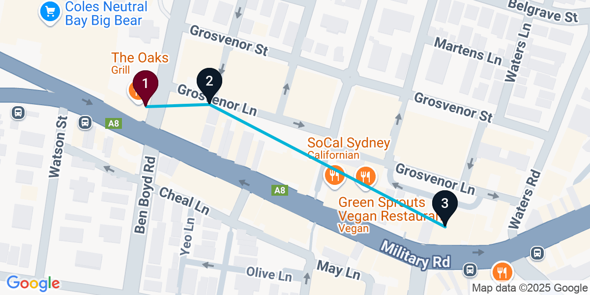 Map for 3-Stop Neutral Bay Wine bar Bar Crawl