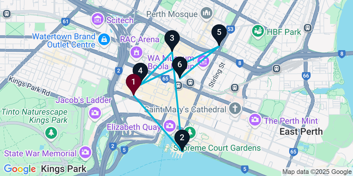 Map for 6-Stop Perth Cocktail Bar Crawl