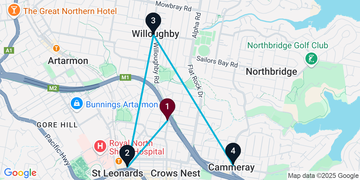 Map for 4-Stop Naremburn Pub Bar Crawl