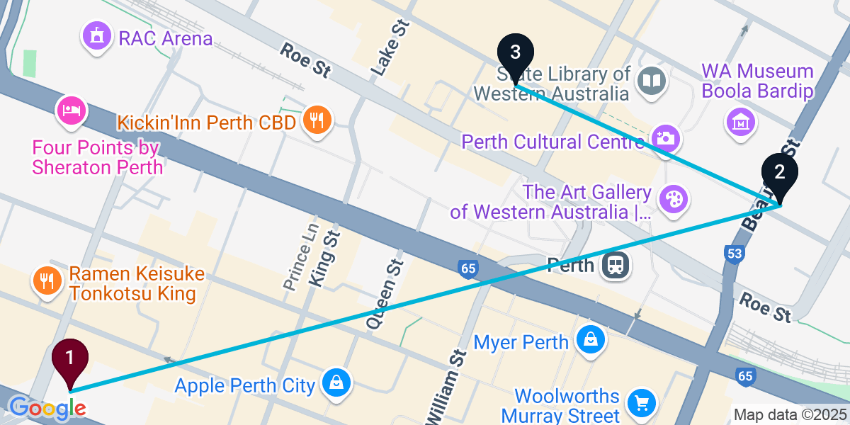 Map for 3-Stop Perth Nightclub Bar Crawl
