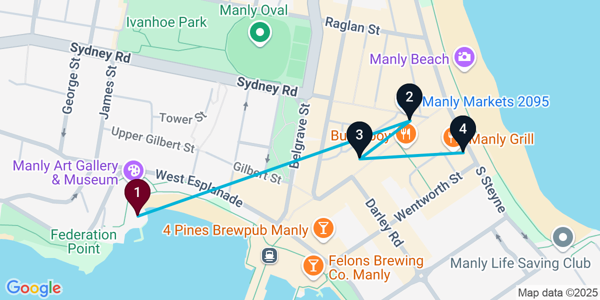 Map for 4-Stop Manly Pub Bar Crawl