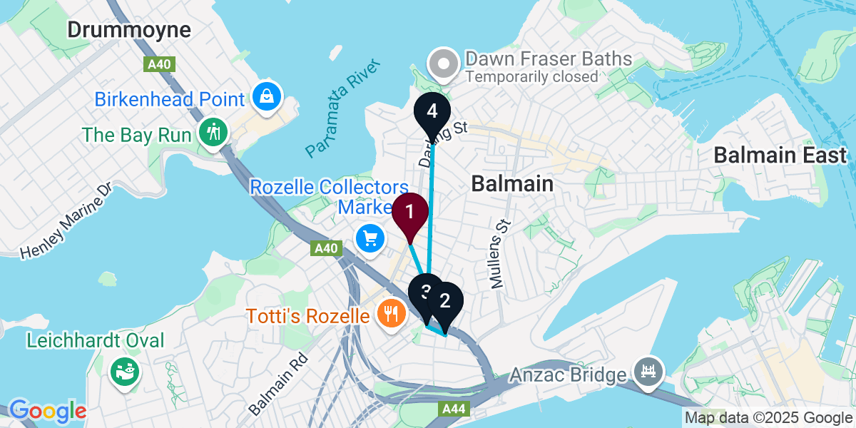Map for 4-Stop Rozelle Pub Bar Crawl