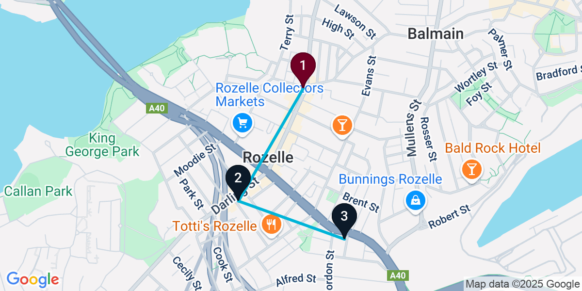 Map for 3-Stop Rozelle Pub Bar Crawl