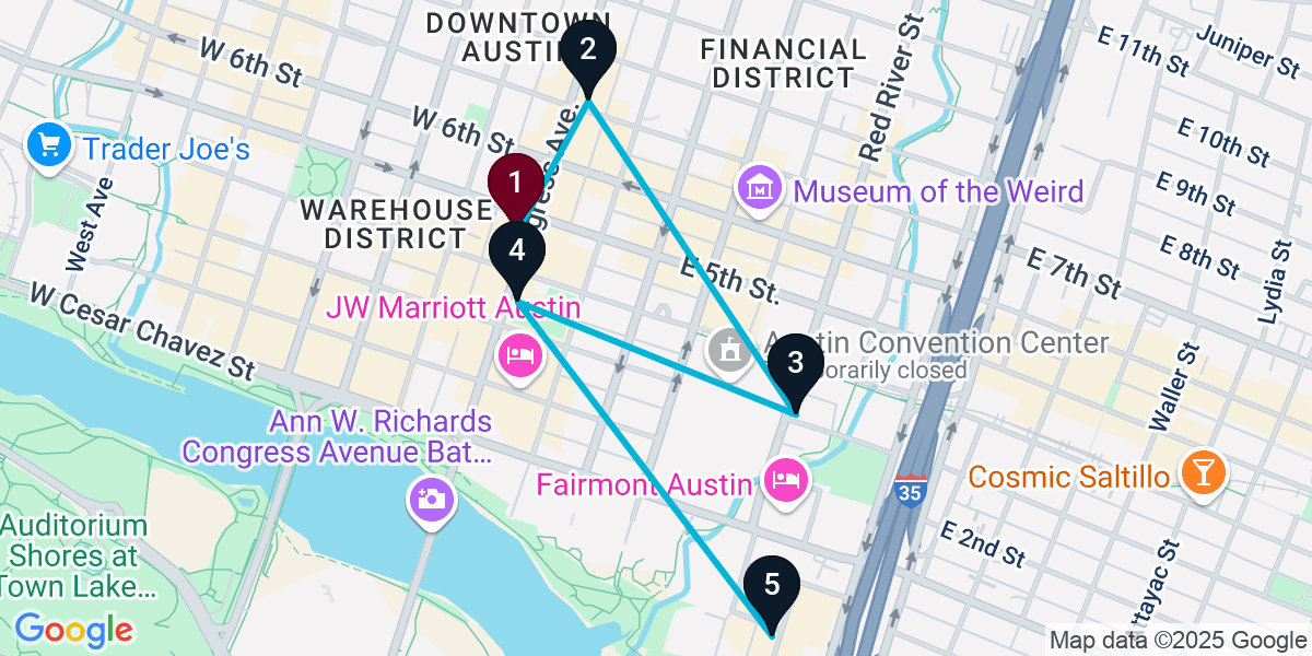 Map for 5-Stop Austin Cocktail Bar Crawl