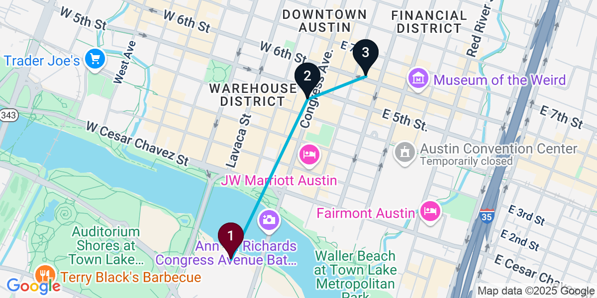 Map for 3-Stop Austin Live music Bar Crawl