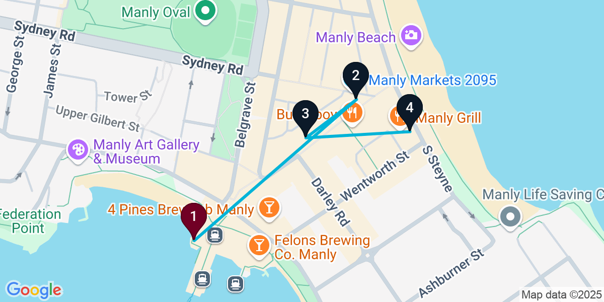 Map for 4-Stop Manly Pub Bar Crawl