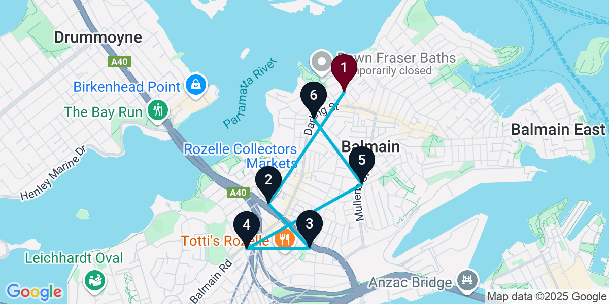 Map for 6-Stop Balmain Live music Bar Crawl