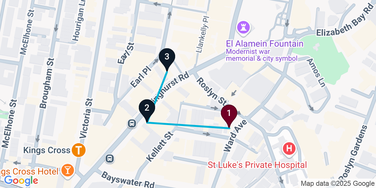 Map for 3-Stop Potts Point Nightclub Bar Crawl