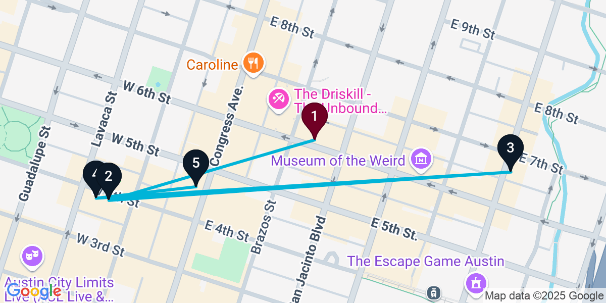 Map for 5-Stop Austin Nightclub Bar Crawl