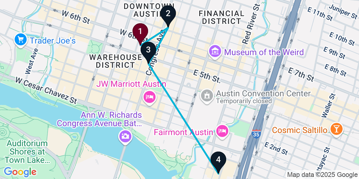 Map for 4-Stop Austin Rooftop Bar Crawl