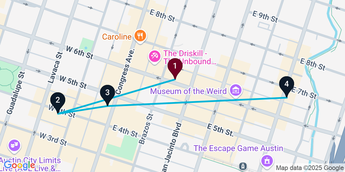 Map for 4-Stop Austin Nightclub Bar Crawl
