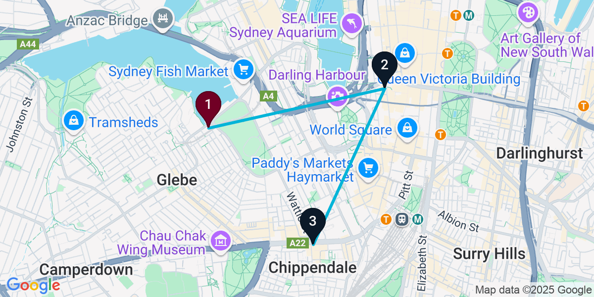 Map for 3-Stop Glebe Pub Bar Crawl