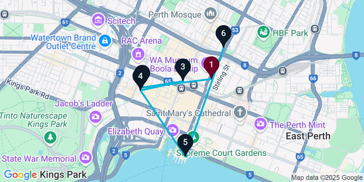 Map for 6-Stop Perth Cocktail Bar Crawl